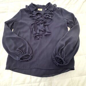 Elie Tahari navy blue ruffle collar shirt, Size S